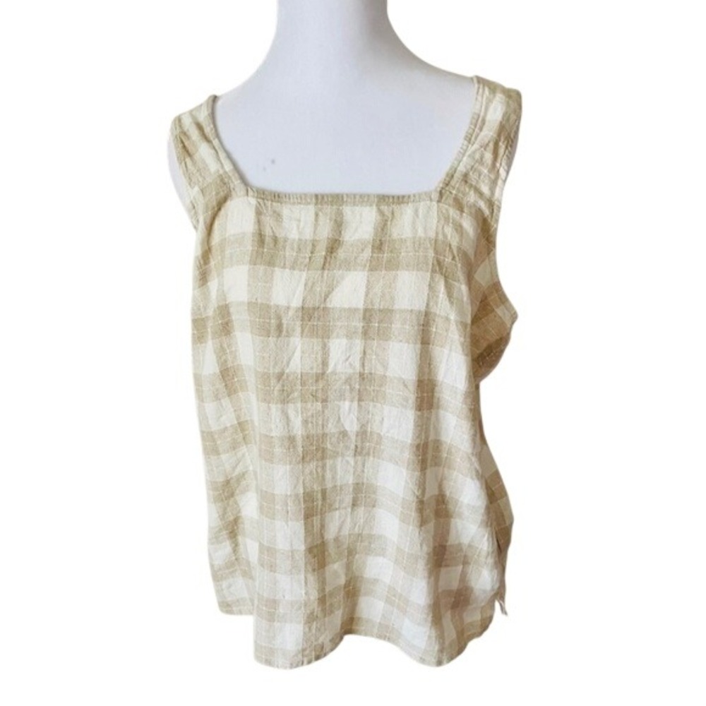 Isaac Mizrahi New York Beige Gingham Linen Blend Square Neck Tank Top Mens L